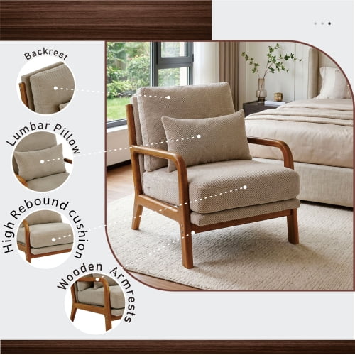 Wooden Lounge Chair with Solid Wood Armrests, Mid-Century Modern Single Sofa for Living Room, Bedroom, Balcony, Office, Camel