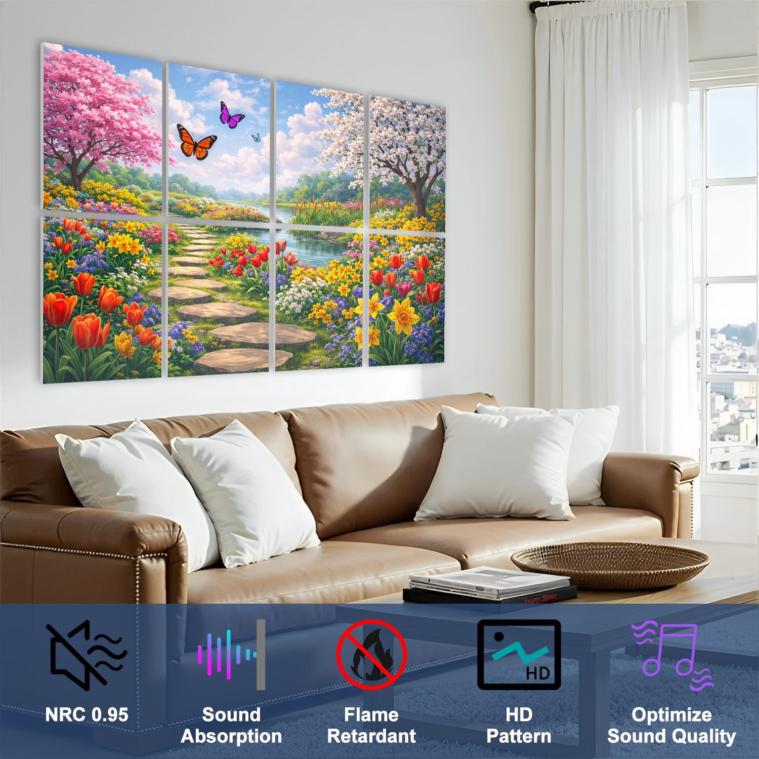 8 Pack Art Acoustic Panels Sound Absorbing Vibrant Spring Colorful Tulips Daffodils Decorative Soundproof Wall Panels Self Adhesive for Nursery Game Room Bedroom 48"x32"