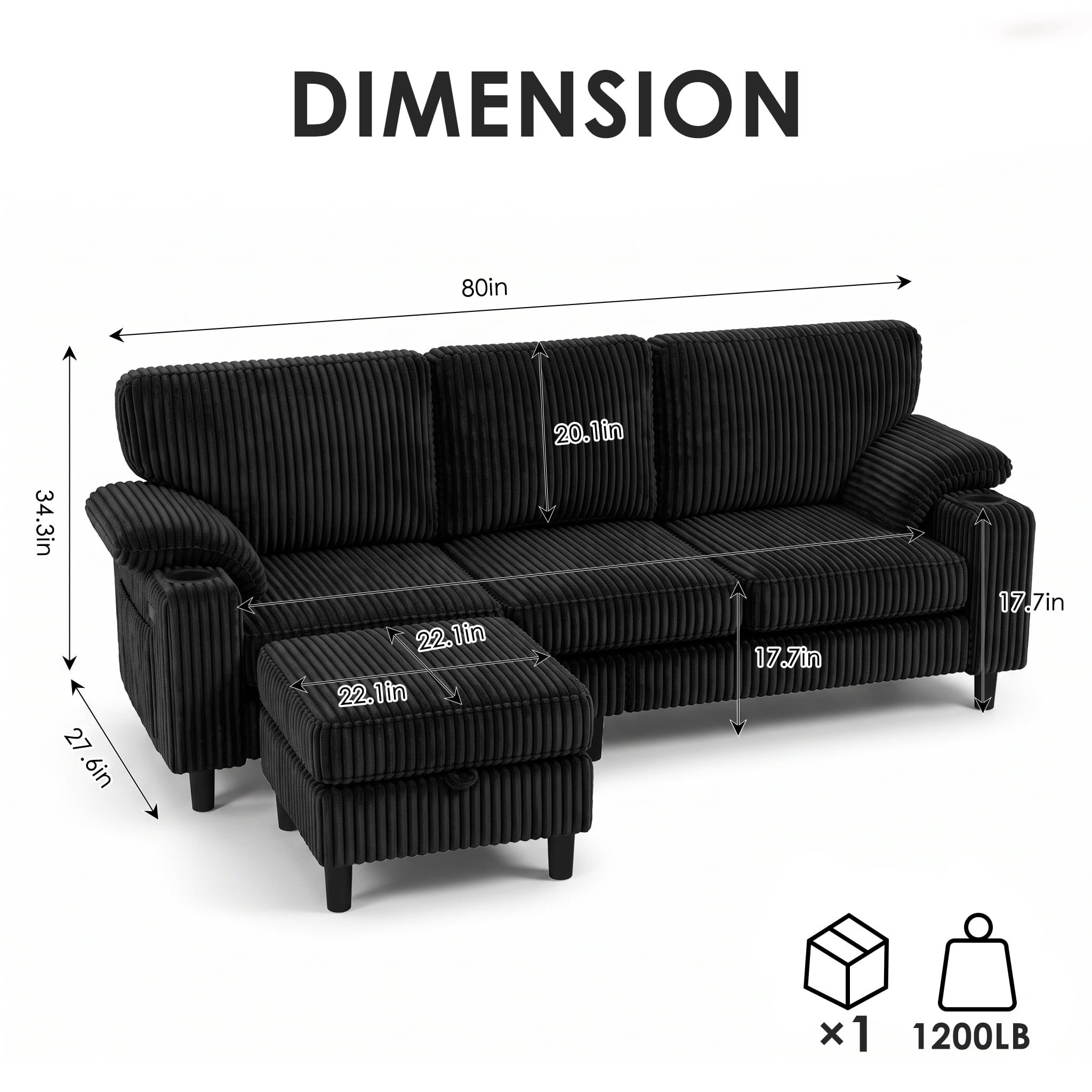 Xiweot 80" L Shaped Sectional Sofa, 3 Seater Convertible Couch with Storage Ottoman, Charging Ports & Cup Holders, Corduroy Comfy Upholstered Sofa for Living Room Apartment, Black