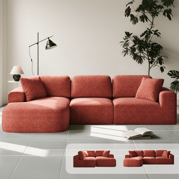 Goosea 107'' Modular Sectional Sofa, Modern Woven Upholstery, Convertible L-Shaped Design, No Assembly Required for Living Room, Red