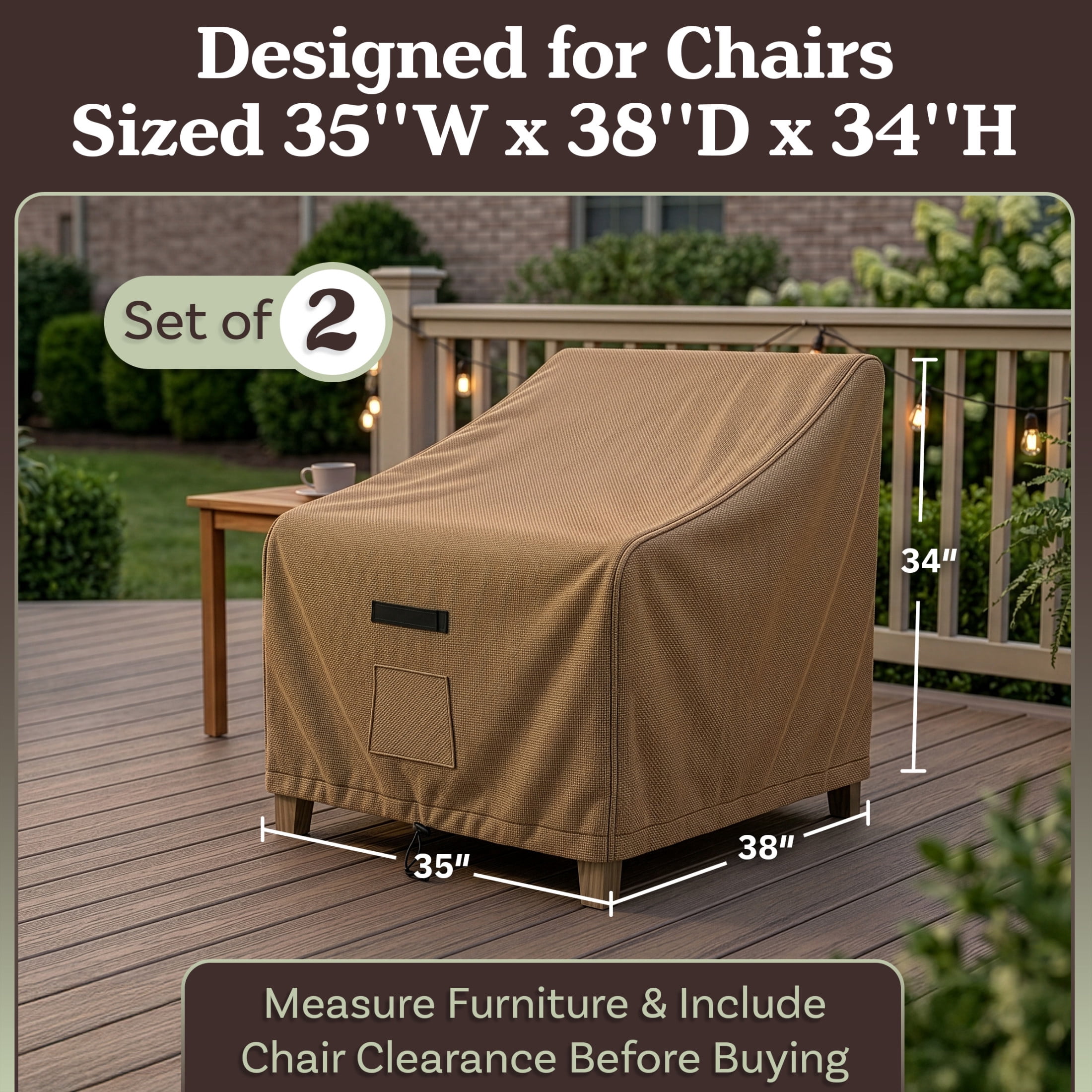 Pure Garden 35x38x34in Waterproof Deep Single Seat Outdoor Chair Covers 2-Pack, Tan