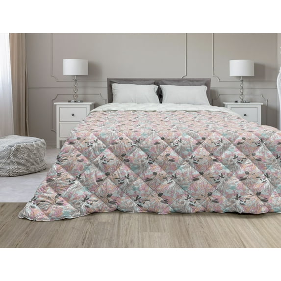 Sketch Down Alternative Comforter, Leaf Silhouettes Doodle Style Scribbled Botany Motifs Drawn by Hand, Microfiber Quilt for All Season, 5 Sizes, Dark Teal and Eggshell, by Ambesonne