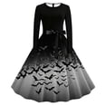 thumbnail image 2 of Women's Vintage Halloween Bat Print Swing Dress Long Sleeve 1950s Retro A-Line Midi Dresses with Satin Sash Belt for Gothic Cosplay Evening Prom Party, 2 of 6