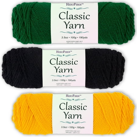 Soft Acrylic Yarn 3-Pack, 3.5oz / ball, Green Paddy + Black Night + Yellow Golden. Great value for knitting, crochet, needlework, arts & crafts projects, gift set for beginners and pros
