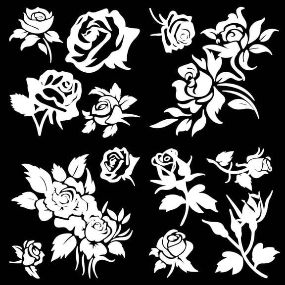 1set 4 Styles Rose Car Decal 20x20cm Car Window Sticker June Rose Flower Self-Adhesive Decals Laptop Bumper Vinyl Waterproof Sticker Automotive Decoration for Spring Summer SUV Truck Silver