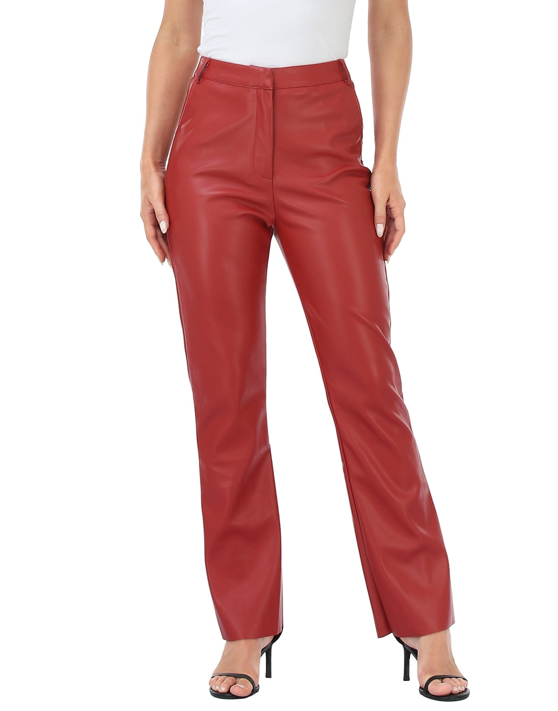 HDE Women's Faux Leather Pants High Waisted Trousers with Pockets Red L