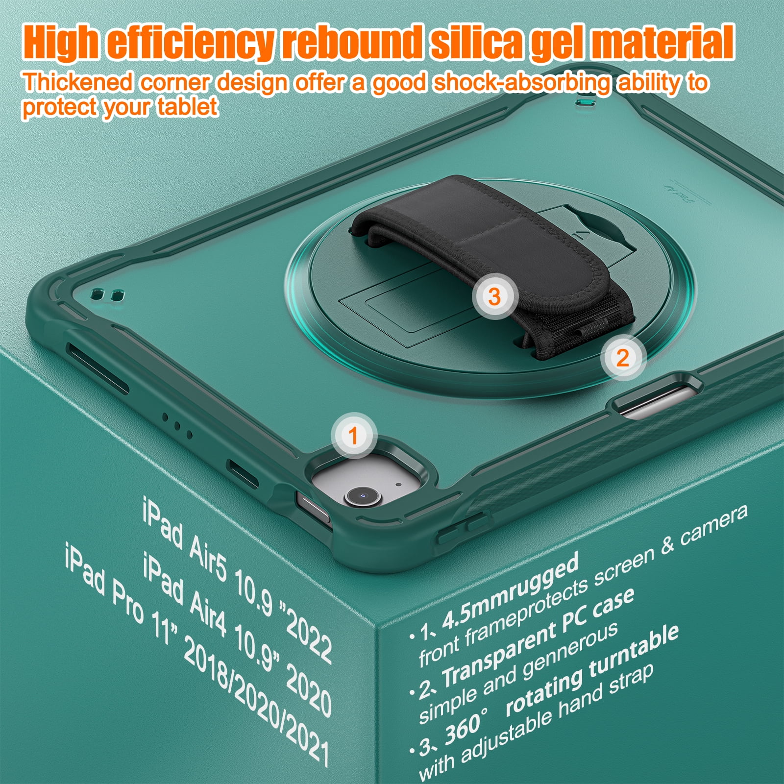 Allytech Rugged Case for Apple iPad Pro 11 2022/2021/2020/2018, iPad Air 4 5 Case, iPad Air 11" Case 2024, 360 Rotating Stand Clear Back Cover Shockproof Shoulder Strap with Pencil Holder, Darkgreen