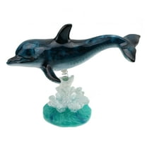 Dolphin On Glazed White Blue Coral Base Statue