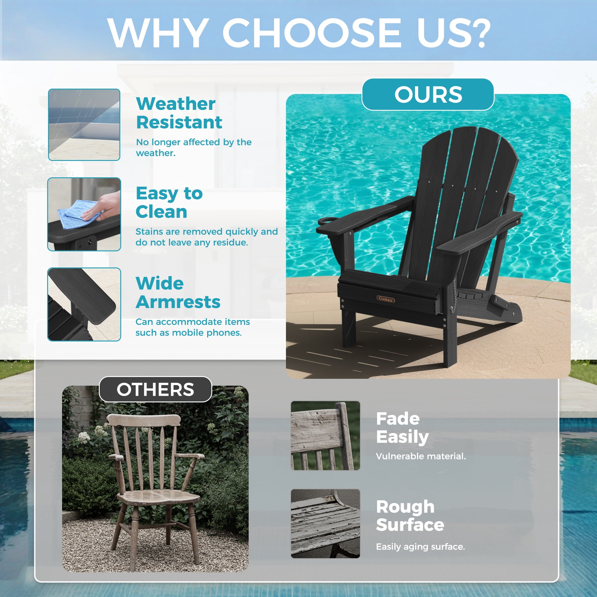 Ciokea Wood Adirondack Chair Folding Outdoor Patio Chairs Fire Pit with Cup Holder Pool Porch Garden Black