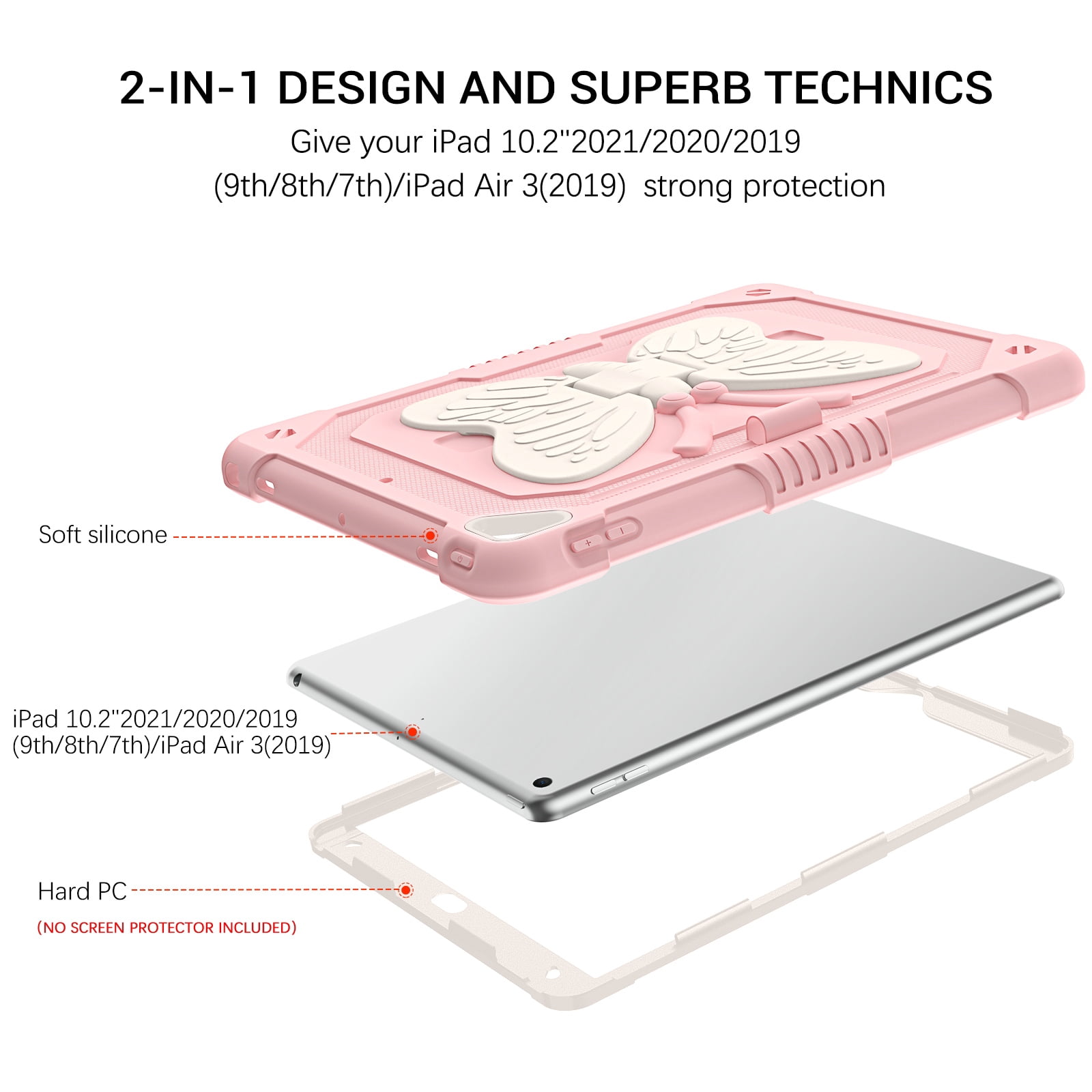 BENTOBEN Case for iPad 9th/8th/7th Gen with Butterfly Kickstand and Pencil Holder, 10.2" Pc Tpu Heavy Duty Hard Rugged Protective Cover for iPad 10.2 inch for Girls Women Kids