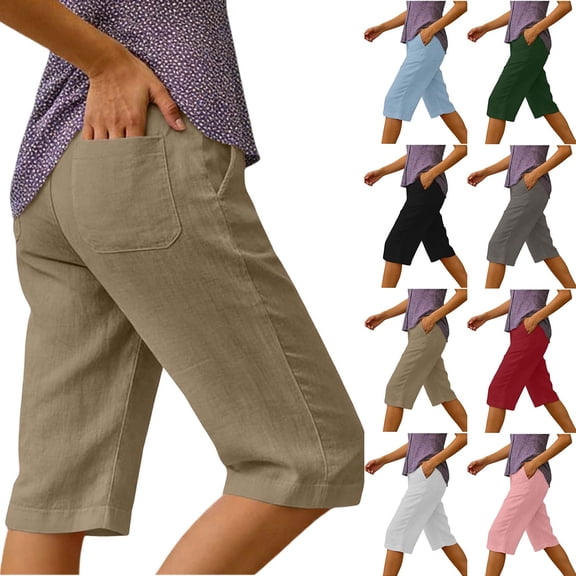 Horkkom Shorts for Women Elastic Waist Solid Color Linen Shorts Summer Beach Casual Shorts with Pockets, S-2XL