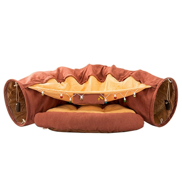 Túnel y Cama para Gatos en Tonos Café Oscuro, Juguete Interactivo con Material Suave de Algodón Nube, Tamaño Ideal para Mascotas: 55cm de Base y 126cm de Longitud, Entrada de 27cm de Diámetro,