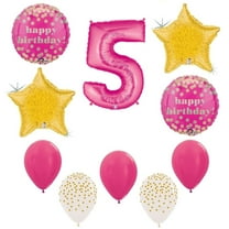 Rose Pink and Gold Polka Dots Confetti Dot Girl's Girl Number FIVE Fifth #5 5th Happy Birthday Party 10 Piece Mylar & Latex Balloons Set