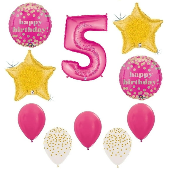 Rose Pink and Gold Polka Dots Confetti Dot Girl's Girl Number FIVE Fifth #5 5th Happy Birthday Party 10 Piece Mylar & Latex Balloons Set