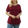 thumbnail image 2 of VERABENDI Women's Tops Plus Size Short Sleeves Loose Fit Tunic Shirts Lace patchwork round neck Lady Blouses, M-4XL, 2 of 6