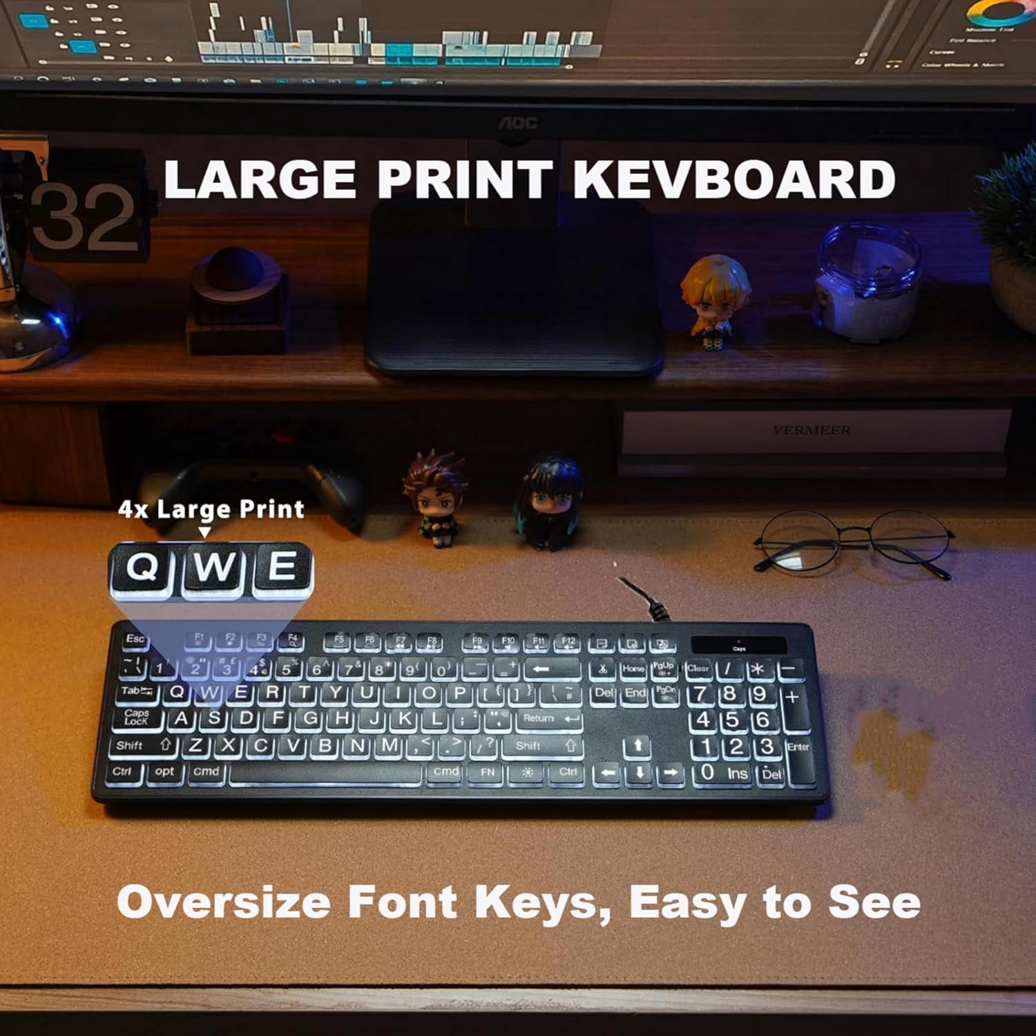 Large Print Backlit Keyboard for Mac – Full Size Wired Layout Computer Keyboard with White LED Backlight, USB A + C Plug-N-Play, Compatible with Mac Mini, iMac, MacBook Pro/Air