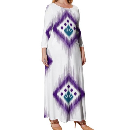 Myst Design Oversized Women's Long Sleeve Dresses, Ethnic Ikat Pattern Design Long Plus Size Dress, Loose Fit Casual Maxi Dresses with Pockets, XL