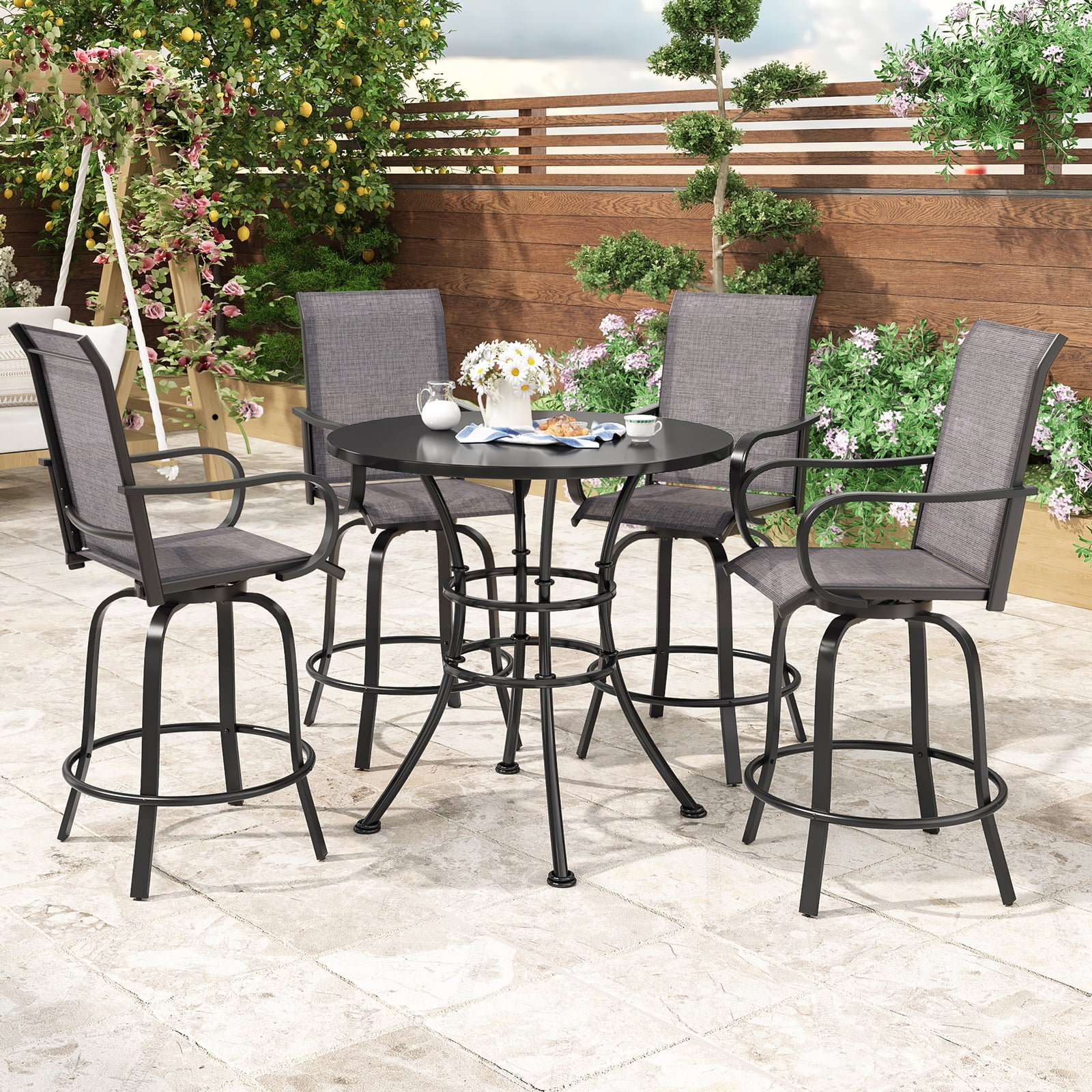 Aukfa Set of 2 Outdoor Swivel Bar Stools, 360° Patio Bar Height Chairs w/ Textilene Fabric & Footrest for Backyard/Deck,Gray