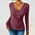 thumbnail image 4 of ClodeEU Women's Deep V Neck Wrap Sweater , Casual Fashions Long Sleeve Slim Ribbed Knit Tops Wine,Womens Plus S, 4 of 7