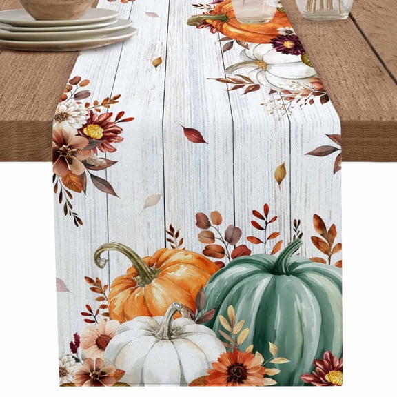 nqOlkjepod Green Orange Pumpkins Fall Table Runner 90 Inches Long Farmhouse Dress Scarves, Botanical Thanksgiving Vintage Dining Tablerunner for Coffee Table/Kitchen Island/Party Décor, 13" x 90"