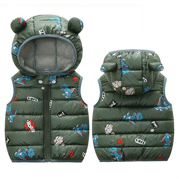 2-7Y Kids Baby Boys Girls Winter Dinosaur Hooded Vest Lightweight Puffer Sleeveless Jacket