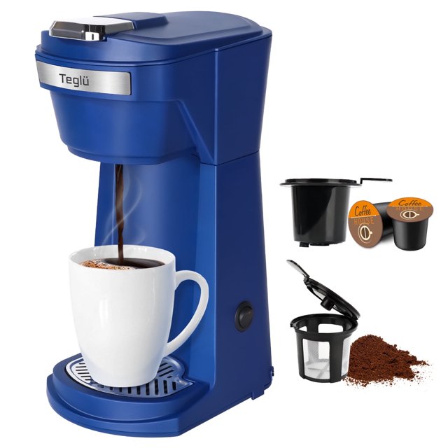2 in 1 Single Serve Coffee Maker for K Cup Pods & Ground Coffee, Mini K Cup Coffee Machine with 6 to 14 oz Brew Sizes, Single Cup Coffee Brewer with One-Press Fast Brewing, Reusable Filters,Blue