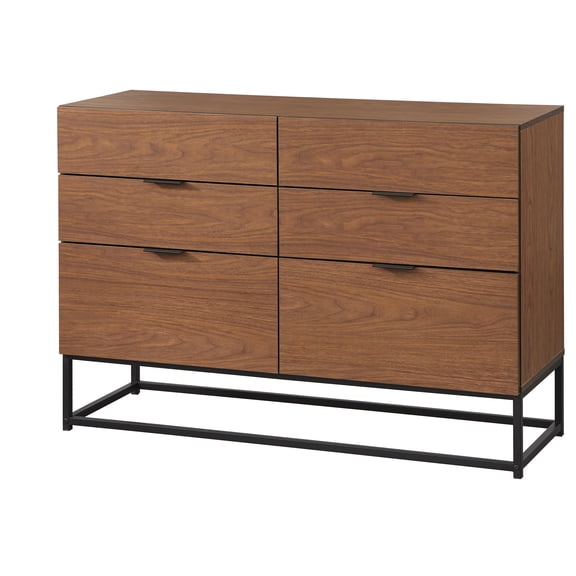 TMS Rosetti 6-Drawer Contemporary Dresser with Black Metal Framed Legs, Walnut