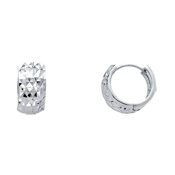14K Solid White Gold Diamond Cut Huggies Earrings 7 mm Wide Secured Click top Setting