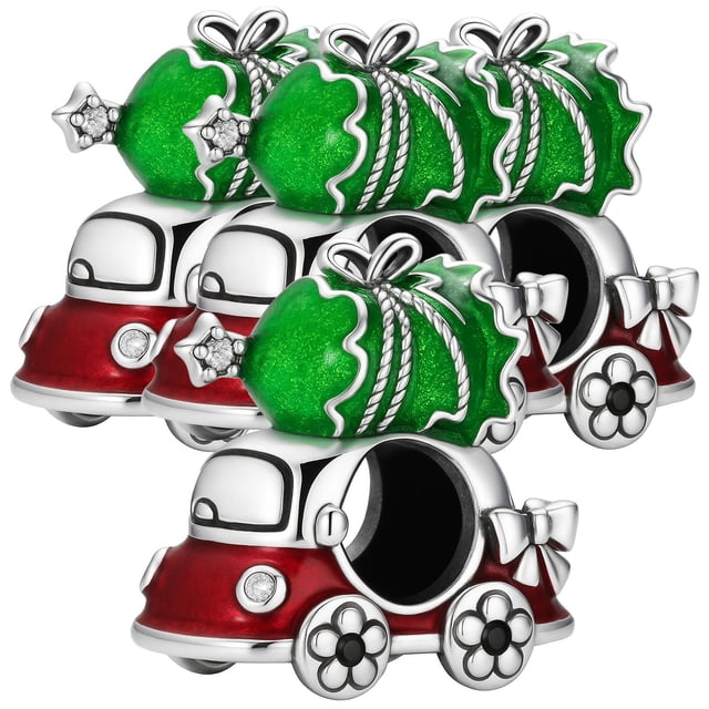 Dije navideño con forma de van XmasCar01 4Pzas Plata S925 Chapa Separador Fijo Carro Navideño Plata/Multicolor Caja Blan