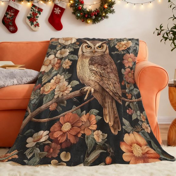 Dark Floral Owl on Branch Throw Blanket Soft Plush Fleece for Home Decor