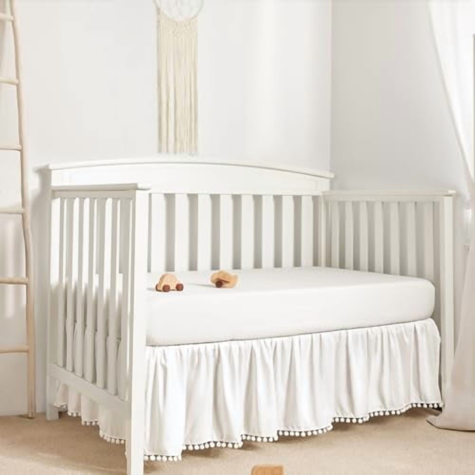 Baby Crib Skirt Girls Boys, Ruffled Bed Skirt with Pompoms, 28”x 52”, 14'' Drop, White