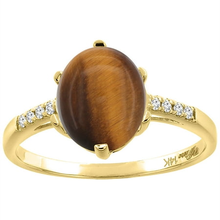 Gold Filled Tiger Eye - 14K Yellow Gold Natural Tiger Eye & Diamond Ring Oval 10x8 mm, size 8