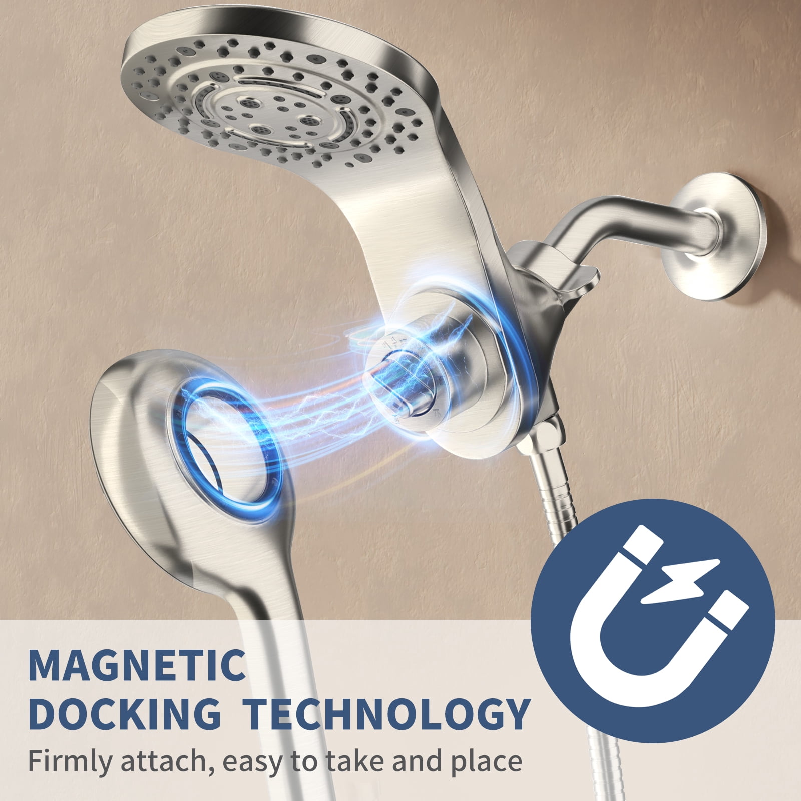 KAIYING Magnetic Handheld Shower Head and Rain Combo, Multi-Setting Spray with 71 Inch Hose, Brushed Nickel