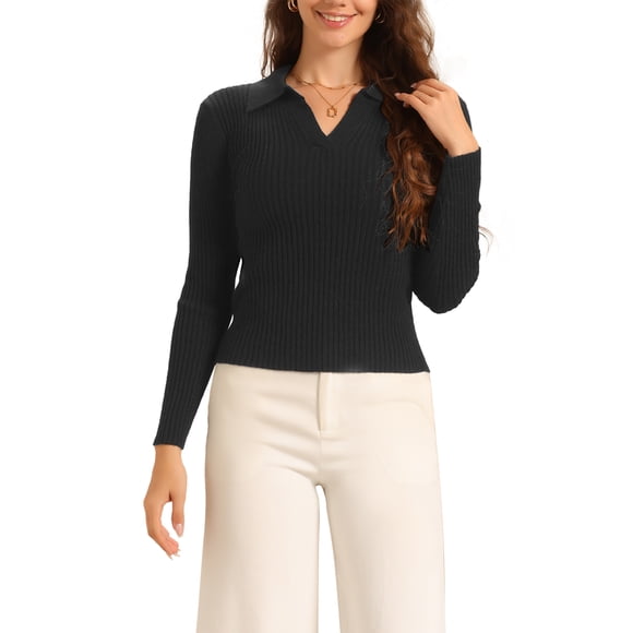 Suéter de punto con cuello de solapa y escote en V para mujer INSPIRE CHIC XL Negro