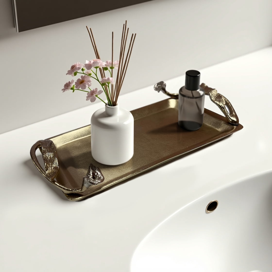 Metal Vanity Tray for Dresser Nightstand Makeup Perfume Skincare Organizer Decorative Gold Accessory Bathroom Sink Countertop Bedroom Table Decor