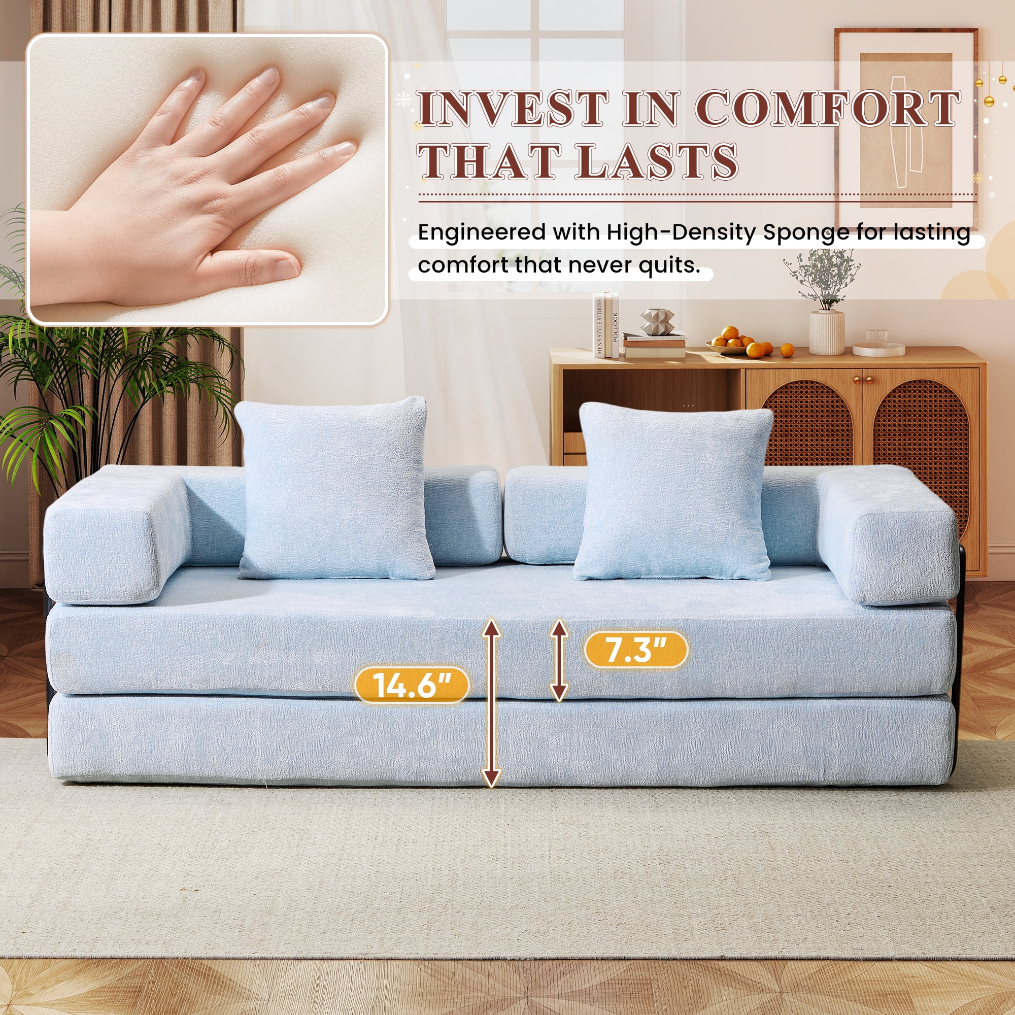 Timbernest 76.8" Folding Sofa Bed, King Size Convertible Sleeper Sofa with 2 Pillows, Chenille Floor Sofa for Living Room, Small Spaces, Baby Blue