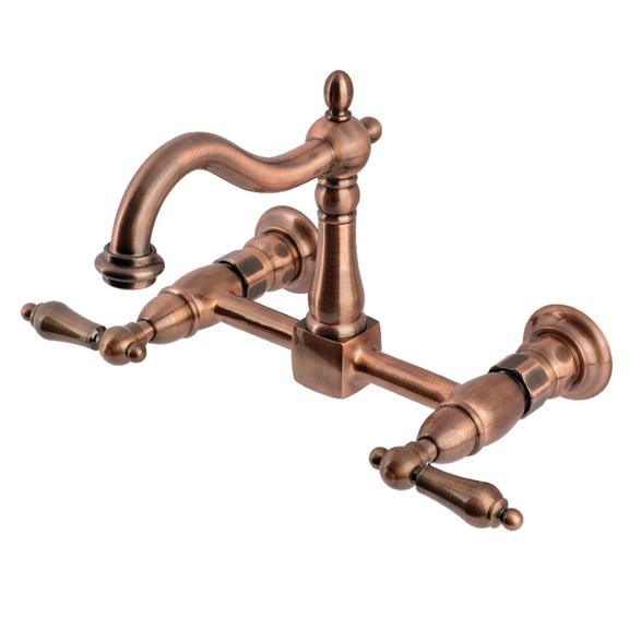 Kingston Brass KS126ALAC Heritage Double-Handle 2-Hole Wall-Mount Bridge Kitchen Faucet in Antique Copper