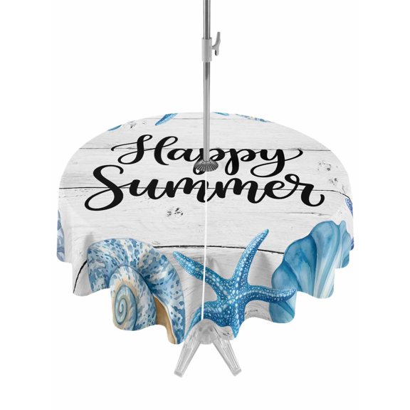 Outdoor Tablecloth with Umbrella Hole for Patio/Picnic/Party/Camping, Coastal Starfish Waterproof Table Cloth Round Cover Washable, Summer Ocean Sea Shells Conch Wood Gray (Dia 54")
