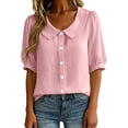 thumbnail image 2 of Dpjklzsn Women's Cotton Blend Short Puff-Sleeve Peter Pan Collar Button-Front Blouse, 2 of 9
