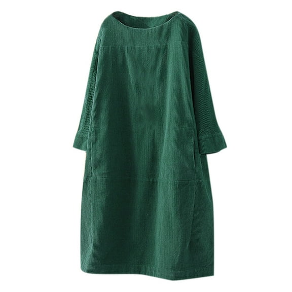 Aoochasliy Fall Dresses for Women Vintage Pockets Corduroy Solid Color Long Sleeve Loose Casual Dress
