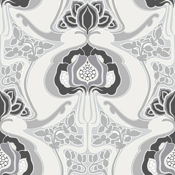 ESTA Home Joaquin Black Art Nouveau Floral Wallpaper, 20.9-in by 33-ft