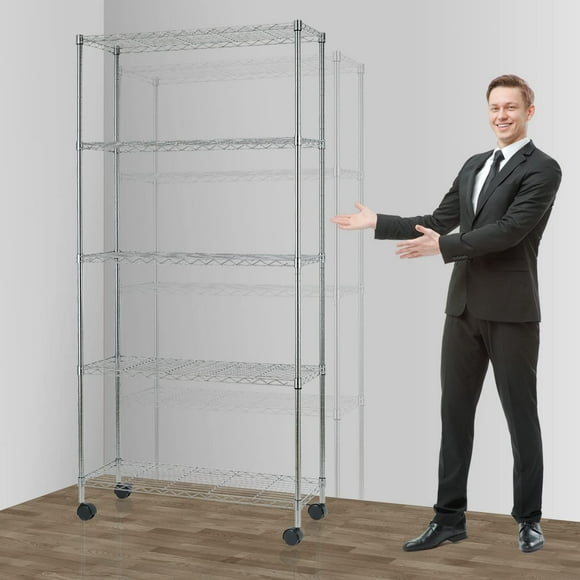 5 Tier Wire Shelving Unit Storage Metal Shelf Standing Shelf Units NSF Heavy Duty Height Adjustable Garage Shelving 14" W x 30" L x 60" H with Wheels Large Commercial Shelving, Silver