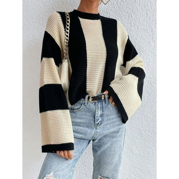 Oversized Striped Knit Sweater (S, Beige)