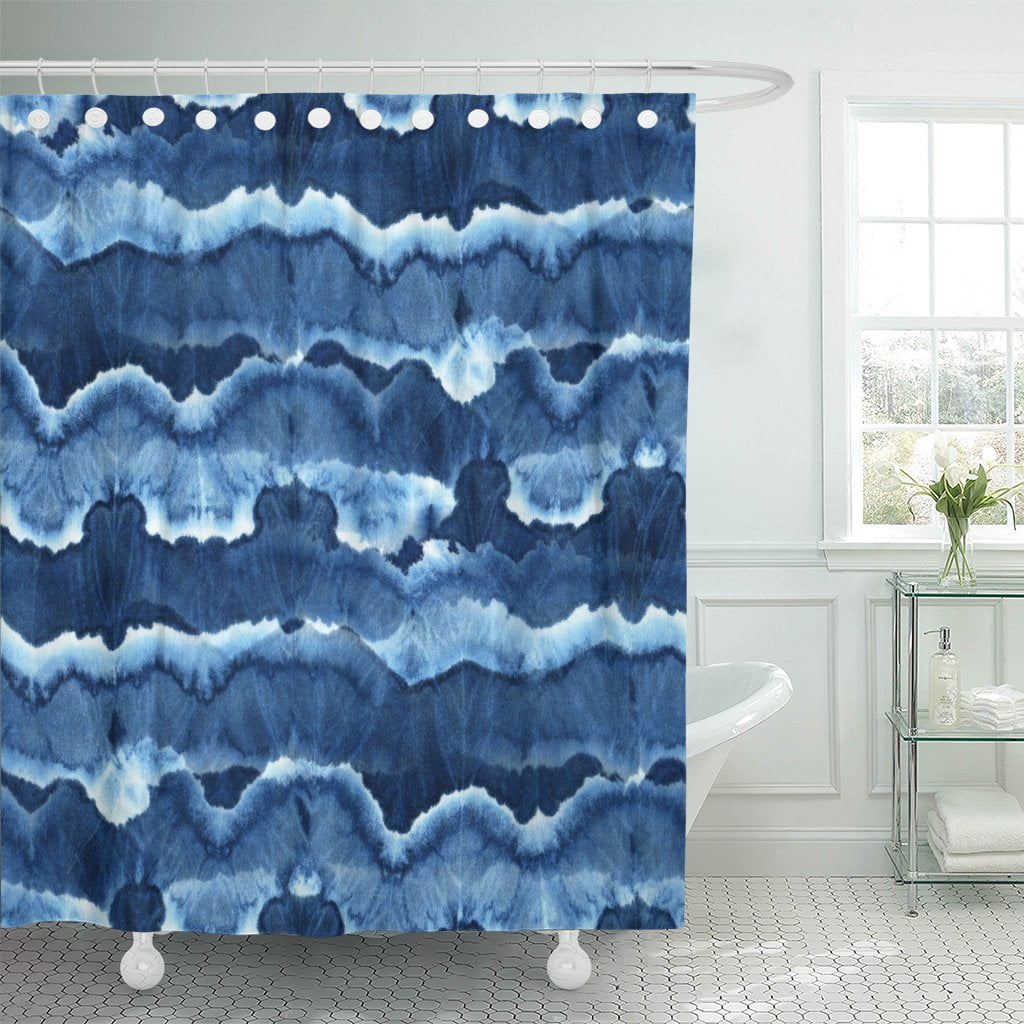PKNMT Tie Dye Pattern of Indigo Color on White Silk Polyester Shower