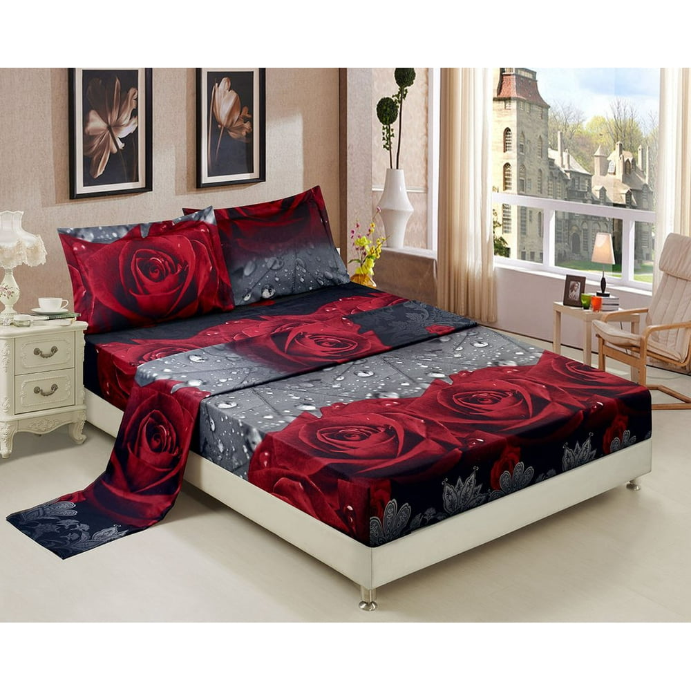 4 Piece 3d Rose Love Romantic Moment Printed Sheet Set Queen Size Y28