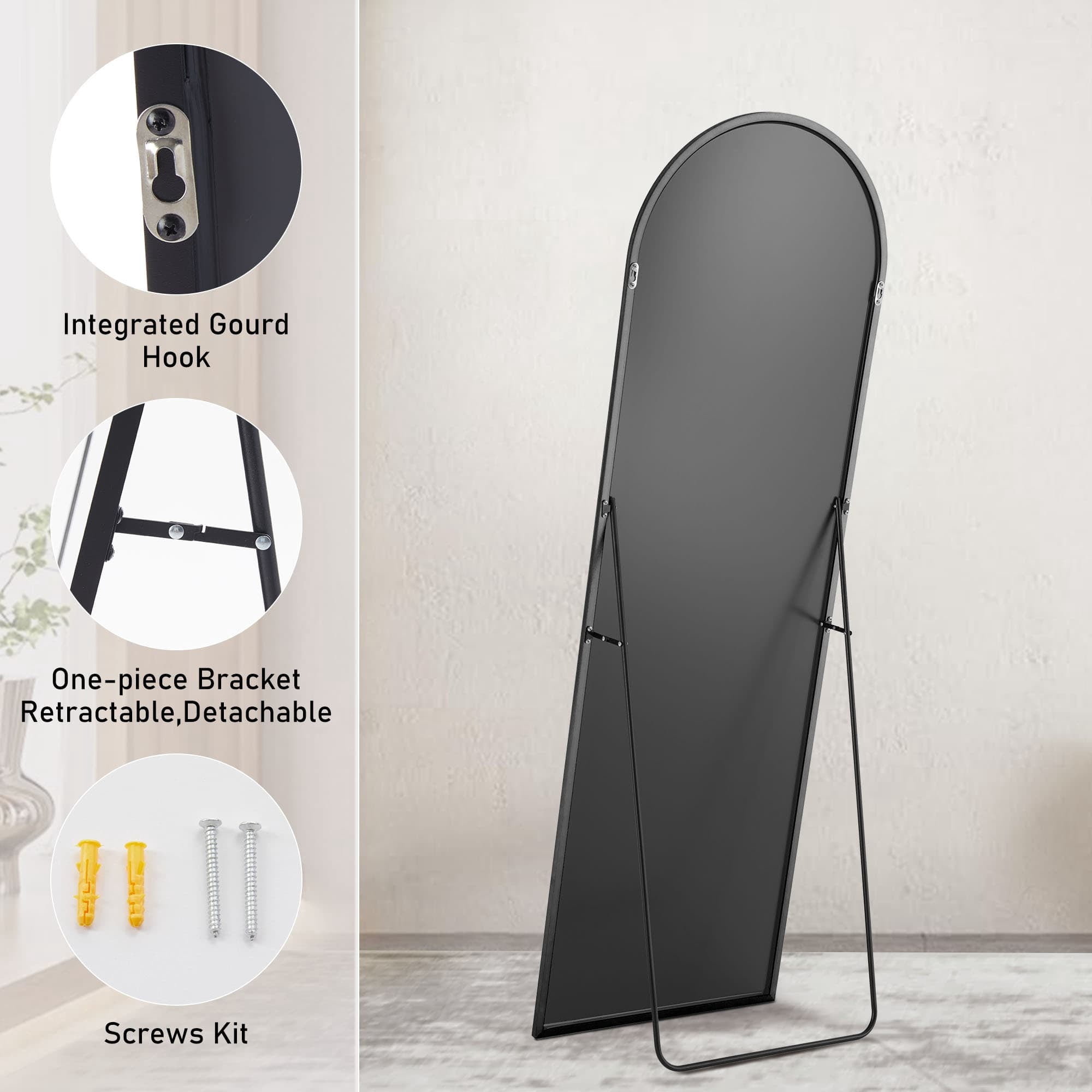 MAYEERTY 64in Arched Full Length Mirror Full Body Mirror with Bracket, Aluminum Alloy Frame, Black