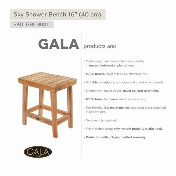 GALA COLLECTION GBCH081 Teak Shower Bench SKY 16' (40 cm)