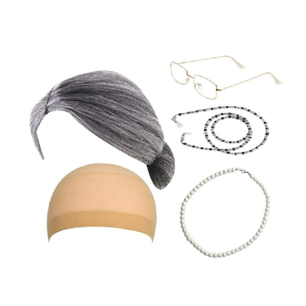 Conjunto de 5 piezas para disfraz de anciana: gorro, collar de perlas sintéticas y gafas. Negro Gris Recto