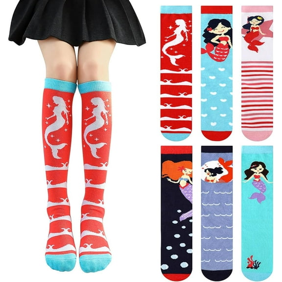 6 Pairs Girls Knee High Socks, Kids Crazy Fun Gift Cute Unicorn Patterns Cotton Mid-Calf Boot Socks Warm Long Socks for Age 3-12 Years Girls