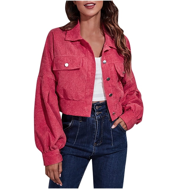 NTACZA Manteaux Rouges pour Femmes Bomber en Velours Côtelé à Boutons Court Manteau d'Extérieur Uni à Col Veste Femme Veste S